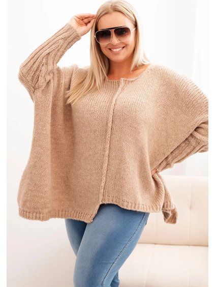 Camel dámsky asymetrický plus size pletený sveter