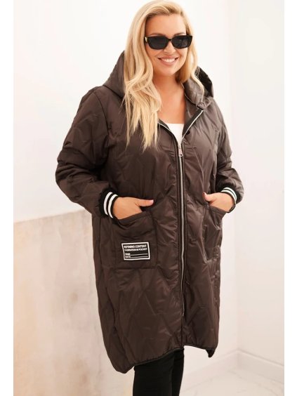 Tmavohnedá dámska plus size prešívaná bunda s kapucňou a manžetami