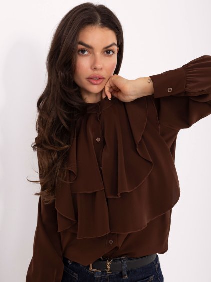 Hnedá dámska viskózová košeľa s volánmi