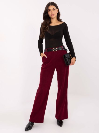 Vínové dámske manšestrové nohavice s opaskom