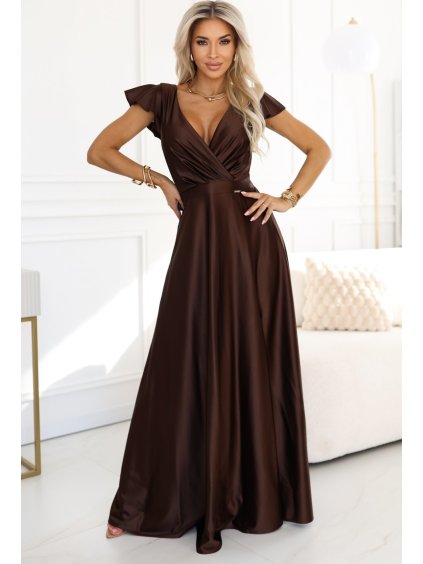 Čokoládovo hnedé dlhé lesklé šaty s výstrihom