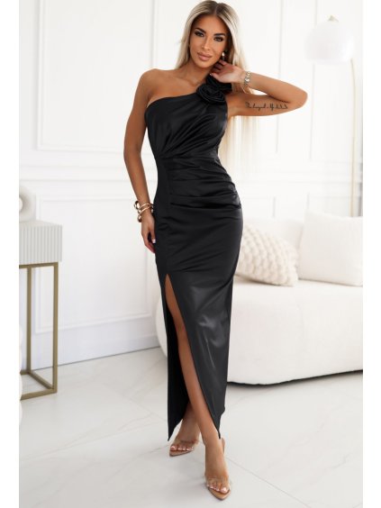 Čierne dlhé saténové šaty s ružami AURORA