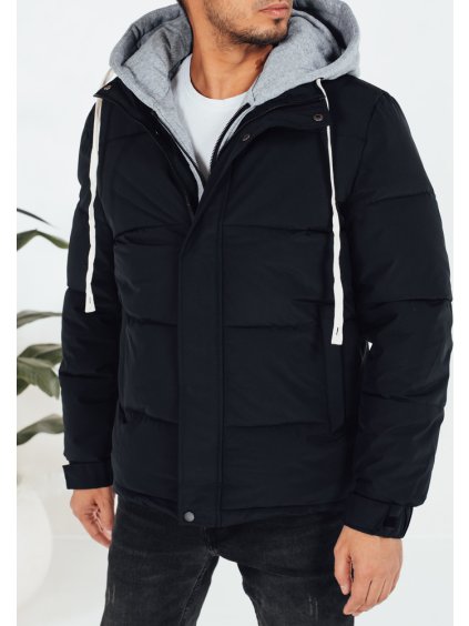 Tmavomodrá pánska zimná prešívaná bunda s látkovou kapucňou