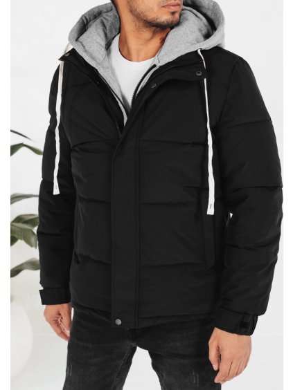 Čierna pánska zimná prešívaná bunda s látkovou kapucňou