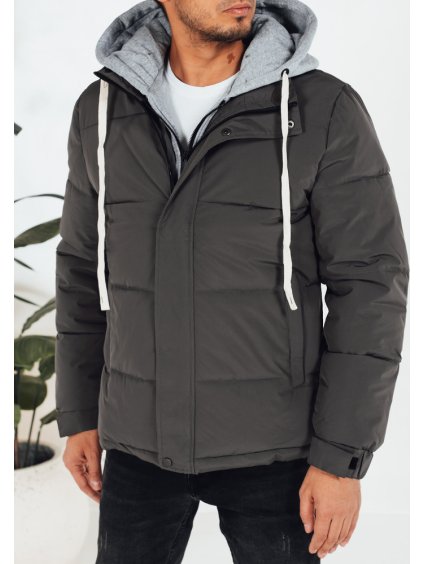 Tmavosivá pánska zimná prešívaná bunda s látkovou kapucňou
