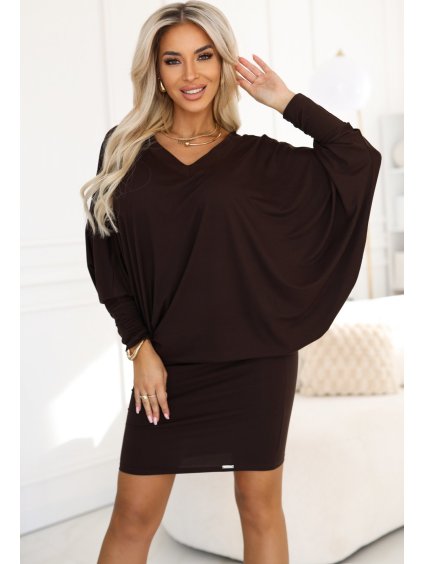 Čokoládovo hnedé teplé svetrové šaty s netopierími rukávmi