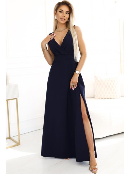 Tmavomodré elegantné maxi šaty MIRA s výstrihom do V a rozparkom