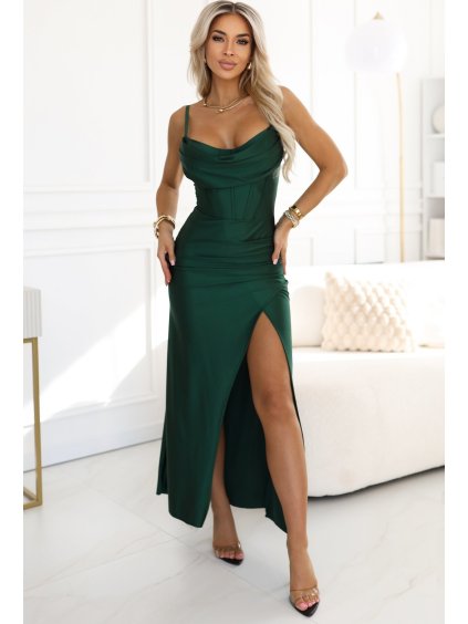 Fľašovo zelené dlhé korzetové saténové šaty s rozparkom
