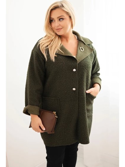 Khaki dámsky vlnený kabát pre plnoštíhle