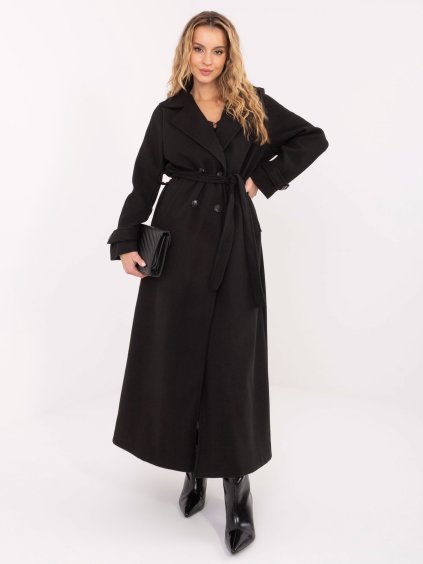 Čierny dámsky dlhý kabát s pásikom
