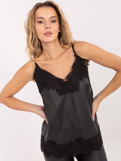 Čierny dámsky koženkový top s čipkou