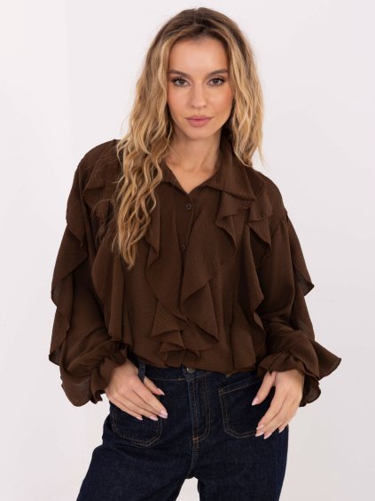 Hnedá dámska viskózová košeľa s volánmi