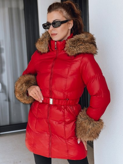 Červená dámska zimná bunda s odnímateľnou kožušinou