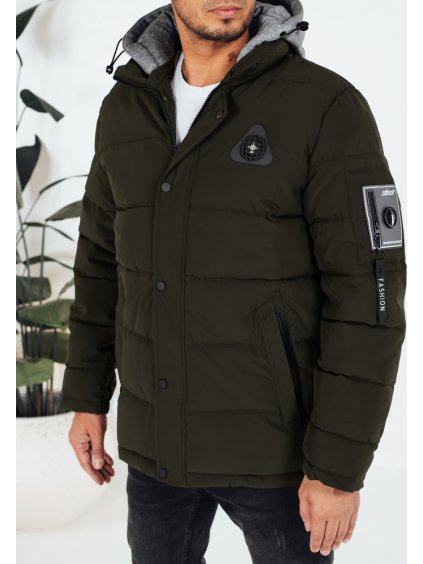 Tmavá khaki pánska zimná bunda s látkovou kapucňou