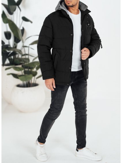 Čierna pánska zimná bunda s látkovou kapucňou
