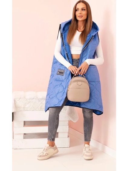 Modrá dámska oversize prešívaná vesta s kapucňou na zips