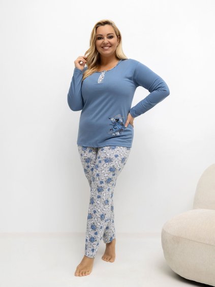 Modro-sivé dámske dlhé pyžamo s kvetinovými nohavicami