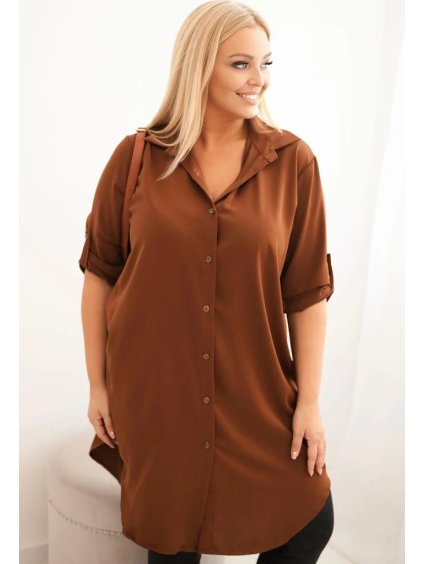 Hnedé asymetrické Plus Size košeľové šaty s vyhrňovacími rukávmi