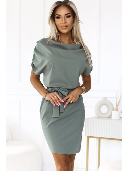 (Veľ. S) Olivové dámske šaty s asymetrickou sukňou CAMILA