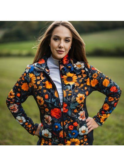 Čierna dámska funkčná hrejivá mikina s kvetinovým vzorom