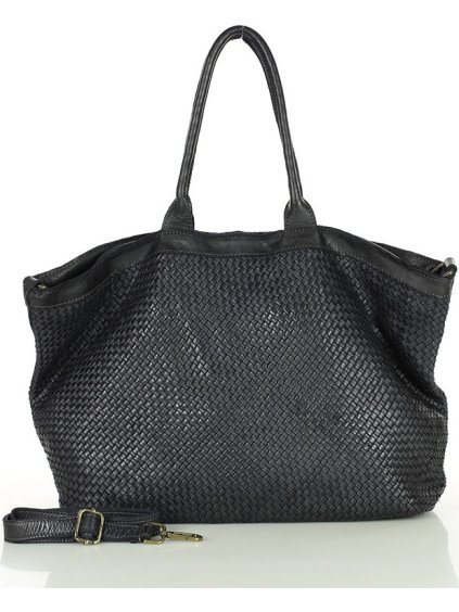 MARCO MAZZINI Čierna kožená shopper kabelka s pletenou prednou časťou
