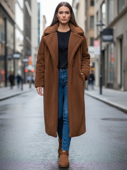 Dámsky hnedý dlhý plyšový zimný kabát