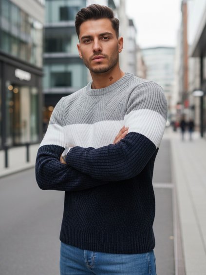 Modro-sivý pánsky sveter s okrúhlym výstrihom