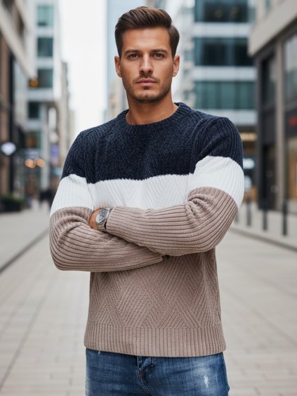 Modro-béžový pánsky sveter s okrúhlym výstrihom