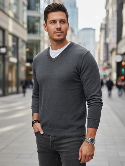 Sivý pánsky sveter s výstrihom do V