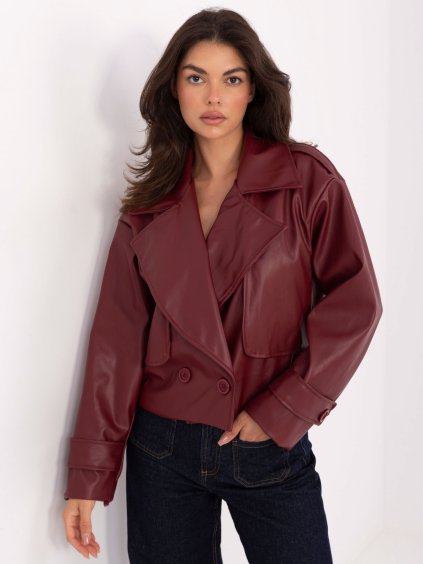 Vínový dámsky dvojradový koženkový trenčkot