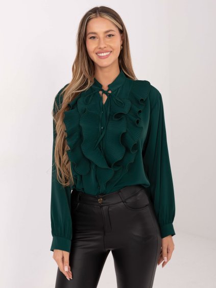 Tmavozelená dámska košeľa s plisovaným volánom