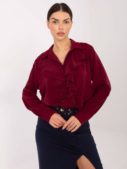 Vínová dámska košeľa s volánom