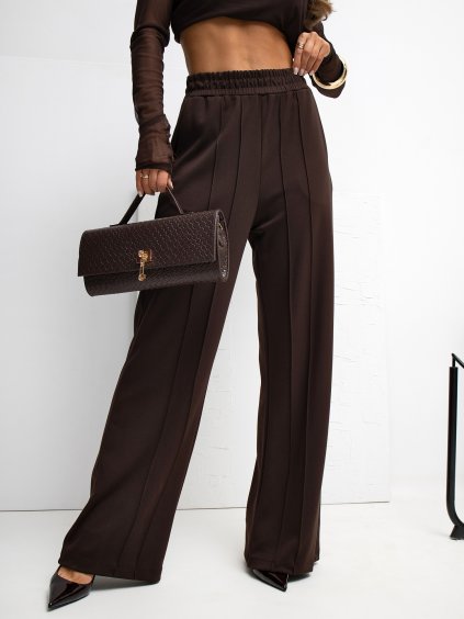 Tmavohnedé dámske viskózové nohavice s prešívaním