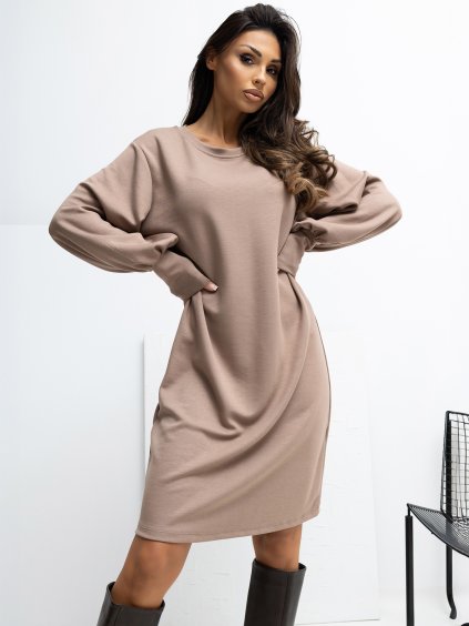 Tmavobéžové dámske viskózové mini šaty s balónovými rukávmi