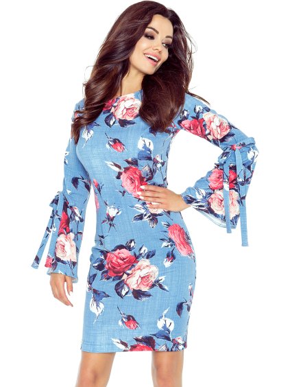 Denim kvetované šaty s rozšírenými rukávmi LIRA