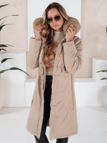 (Veľ. L) Dámska béžová zimná parka s kožušinou