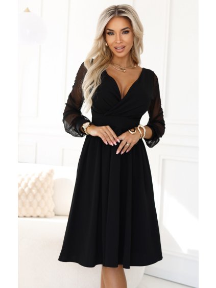 Čierne elegantné midi šaty so zavinovacím výstrihom a tylovými rukávmi
