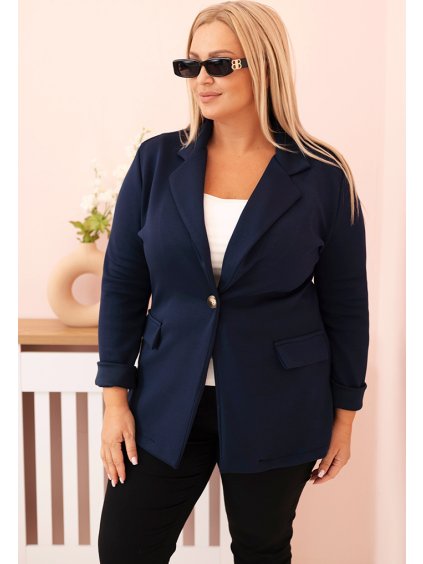 Tmavomodrý dámsky viskózový plus size blejzer s klasickým golierom