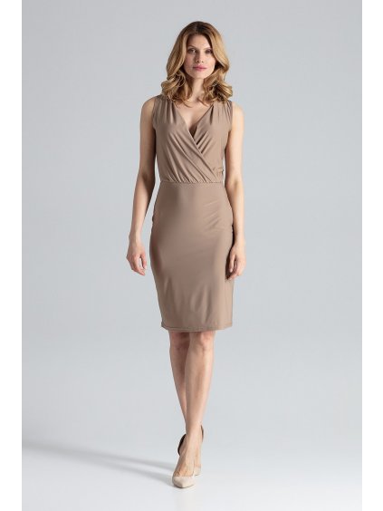 Béžové šaty s prekladaným hlbokým výstrihom