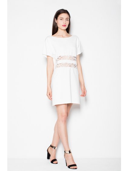 Smotanové elegantné šaty s ozdobnou čipkou VT066 Ecru
