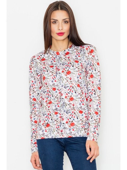 Dámska biela mikina s potlačou červených kvetín M541 Pattern 57