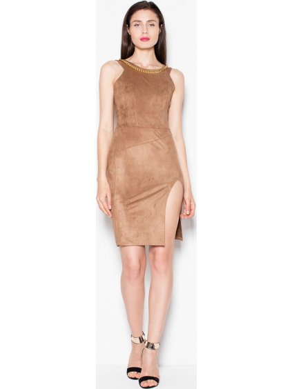 Hnedé semišové šaty s rozpárkom VT059 Brown