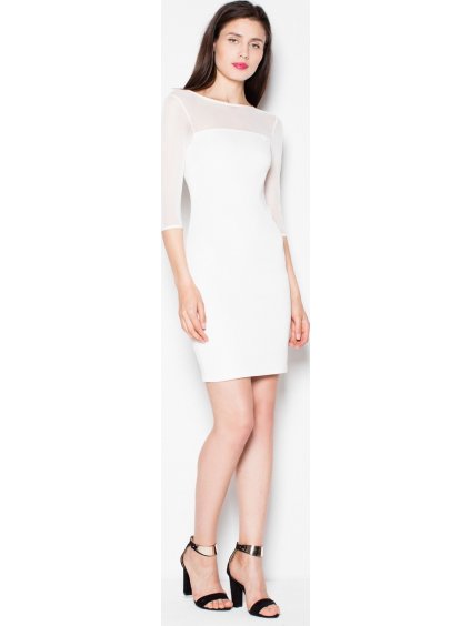 Smotanové šaty s priehľadnými rukávmi VT081 Ecru