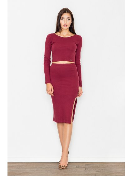 Bordový dámsky set blúzka so sukňou s rozpárkom M484 Deep red