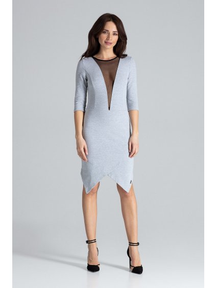 Šedé šaty s výstrihom zo sieťoviny