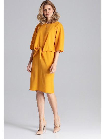 Horčicové šaty s viazaním