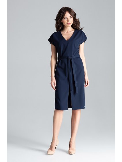 Tmavo modré šaty s rozparkom