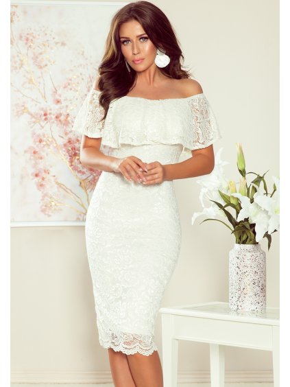 Smotanové čipkované šaty s volánom TERESA