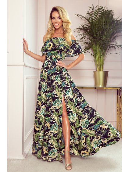 Dlhé čierne šaty so vzorom listov KATE