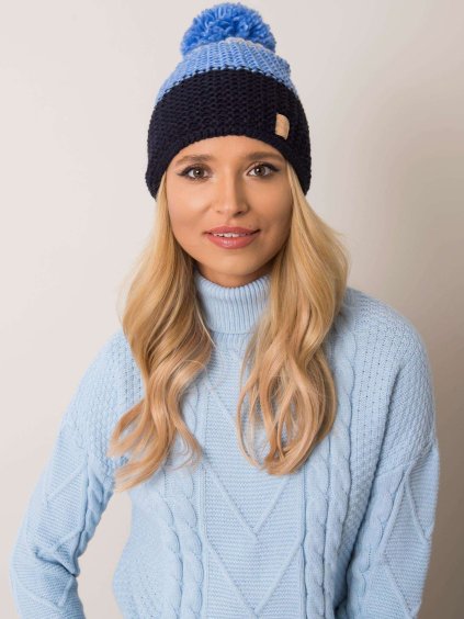 Modro-šedá pruhovaná dámska čiapka s brmbolcom